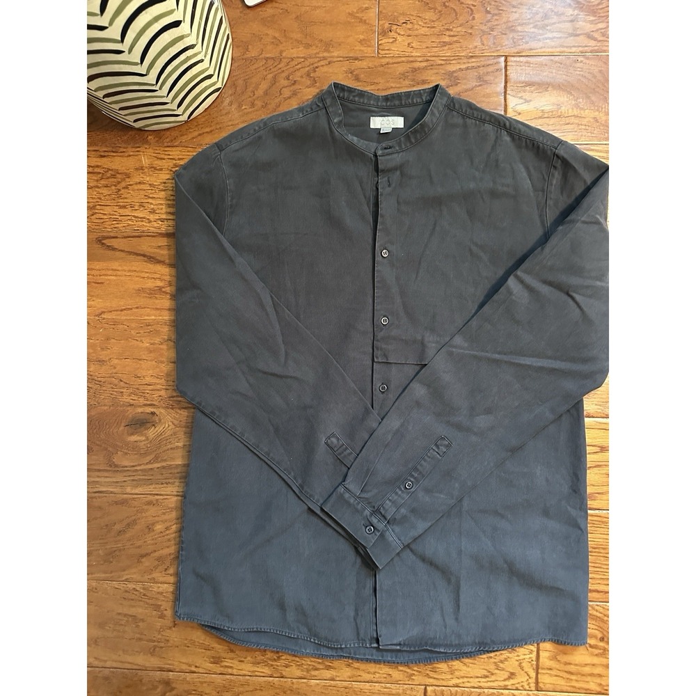COS Mens Large Gray Band Collar Shirt Lyocell Cotton Long Sleeve Minimalist